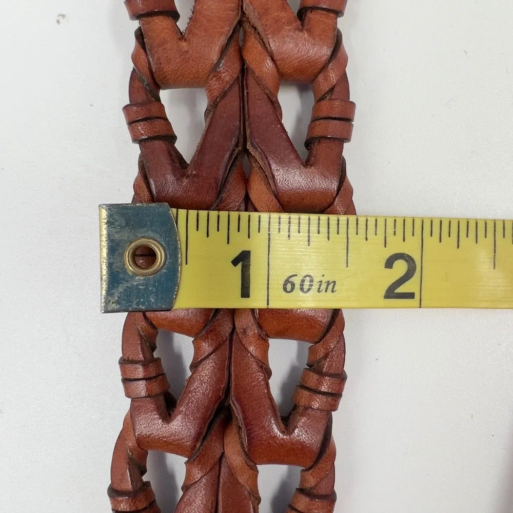 Mens Braided Woven Leather Belt Brown Solid Brass Buckle 36 Vintage 90s